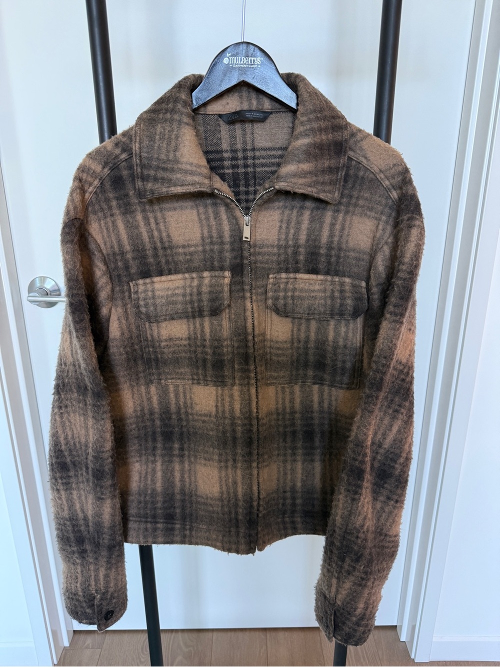 Zara Men Brown and Black Plaid Cropped Jacket - Medium